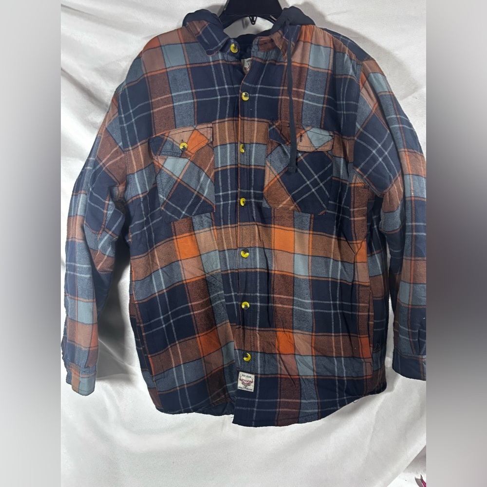 Buckhorn River Men's Large Hooded Plaid Shirt Jacket‎ - Blue and Orange